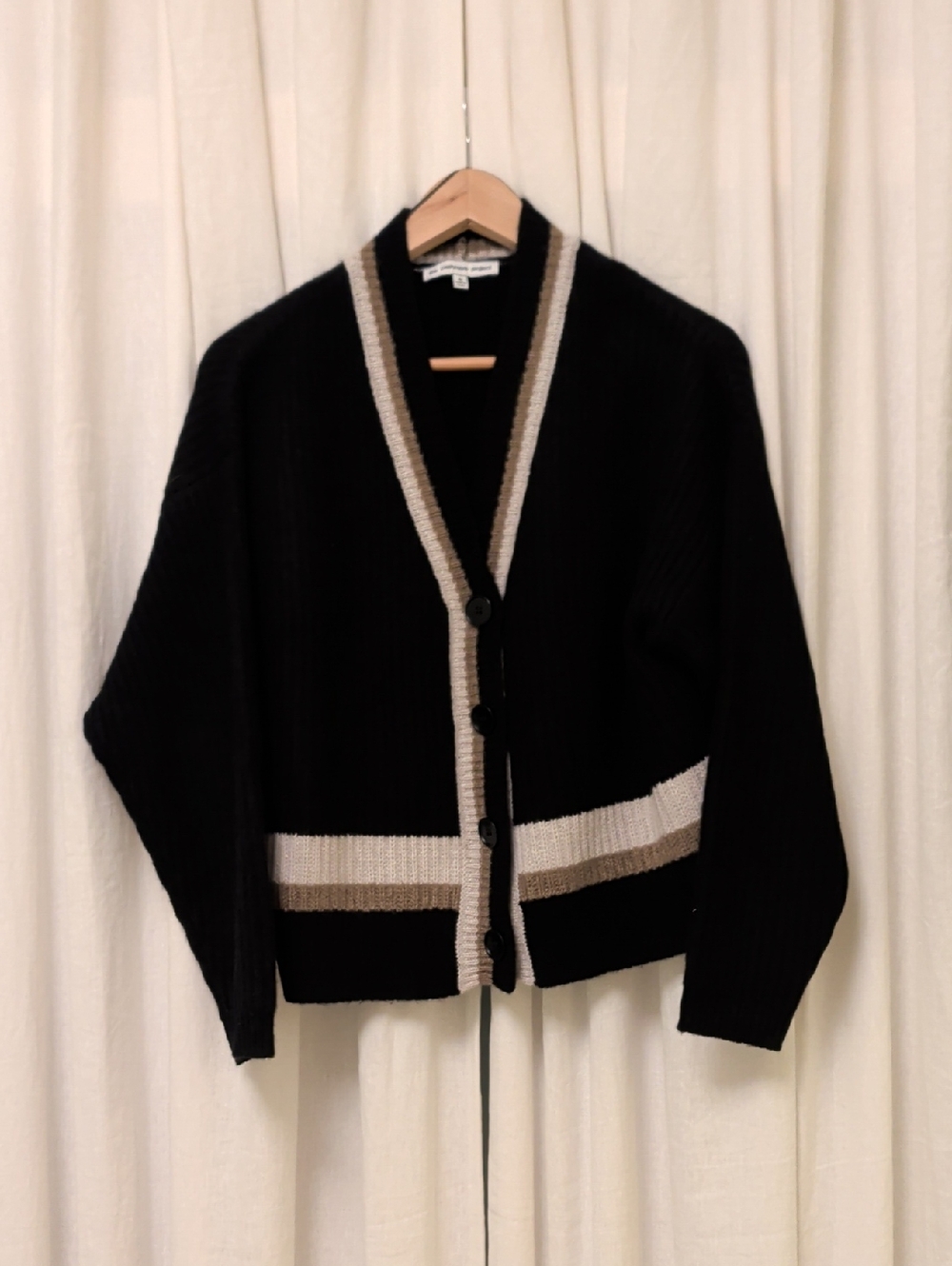 Black Varsity Cardigan with Cream and Tan Contrast Trim